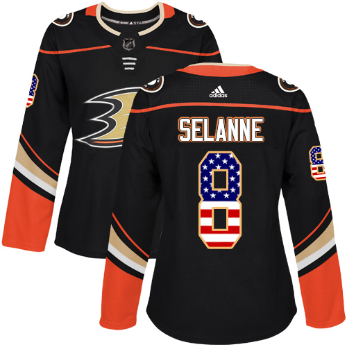 Adidas Ducks #8 Teemu Selanne Black Home Authentic USA Flag Women's Stitched NHL Jersey